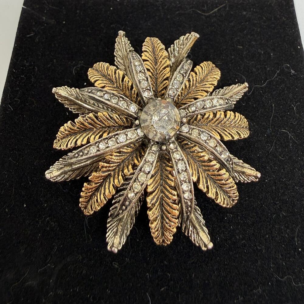 VINTAGE ART Arthur Pepper Feather Rhinestone Brooch Signed Two Tone Gold Silver